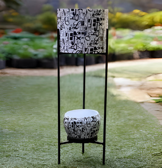 Modern Dual-Level Planter Stand – Black & White Abstract Design