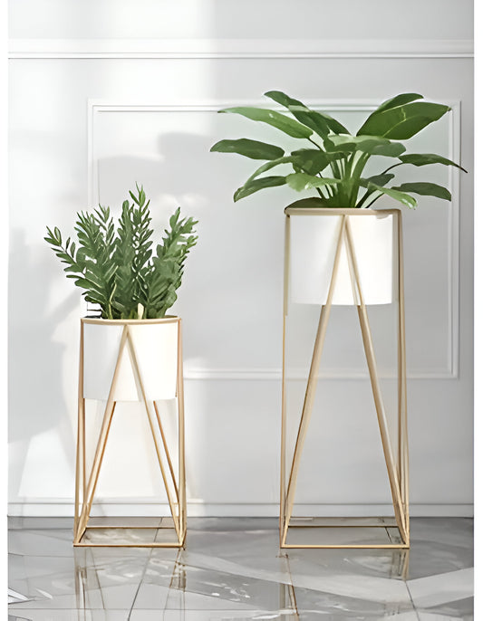 Set of 2 Elevated White Planters with Gold Metal Stands