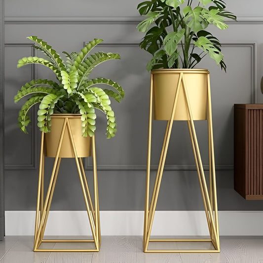Set of 2 Gold Metal Plant Stands with Matching Planters