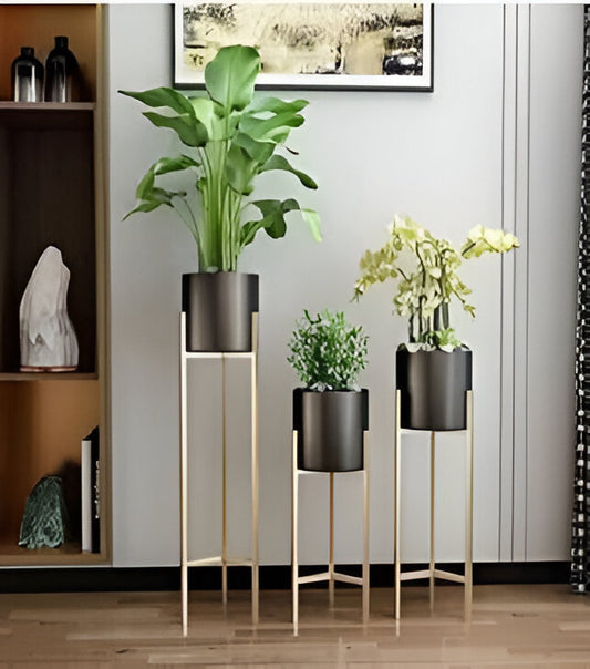 Modern Gold & Black Metal Plant Stand Set