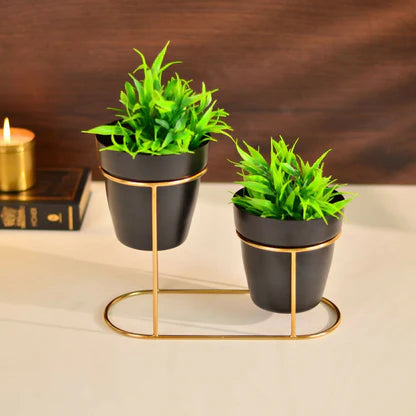 2-Tier Metal Planter Stand with Black Pots