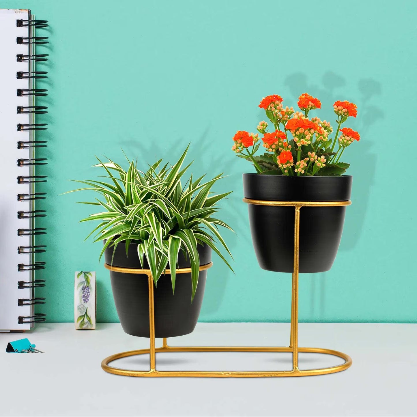 2-Tier Metal Planter Stand with Black Pots