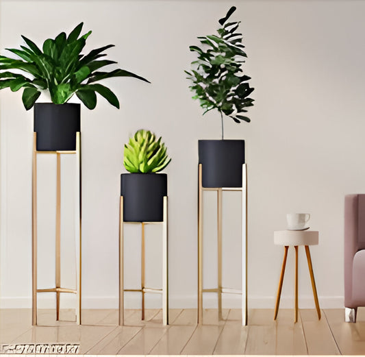 Modern Gold & Black Metal Plant Stand Set