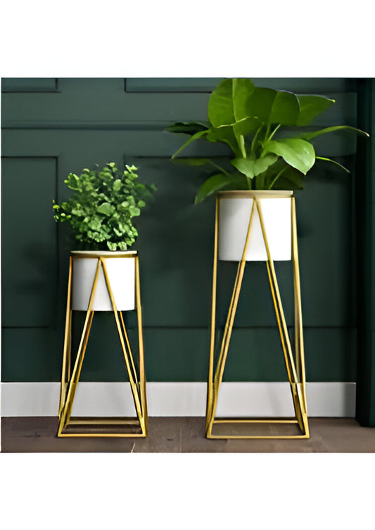 Set of 2 Elevated White Planters with Gold Metal Stands