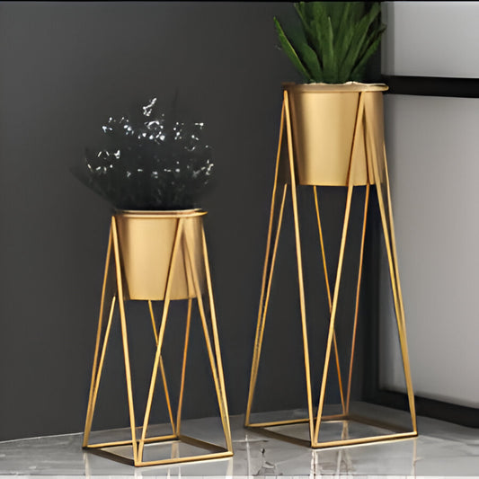 Set of 2 Gold Metal Plant Stands with Matching Planters