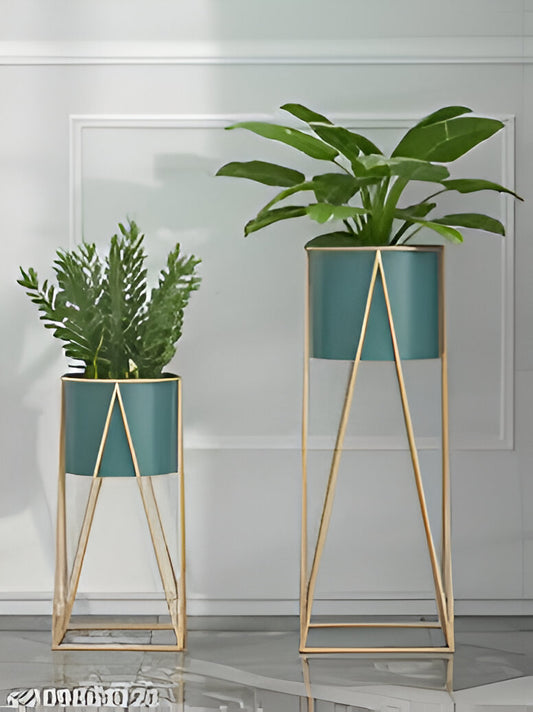 Modern Gold Metal Plant Stand Set with Teal Planters